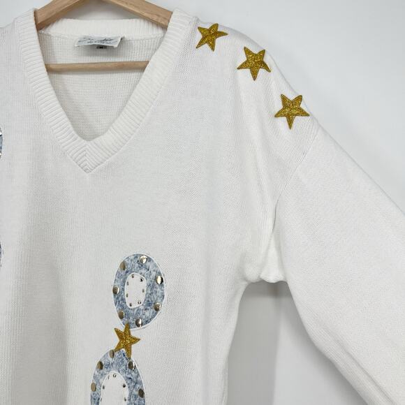 Vtg 80s Something More Sweater Embellished Medium White Gold Star USA Studded - Picture 3 of 11